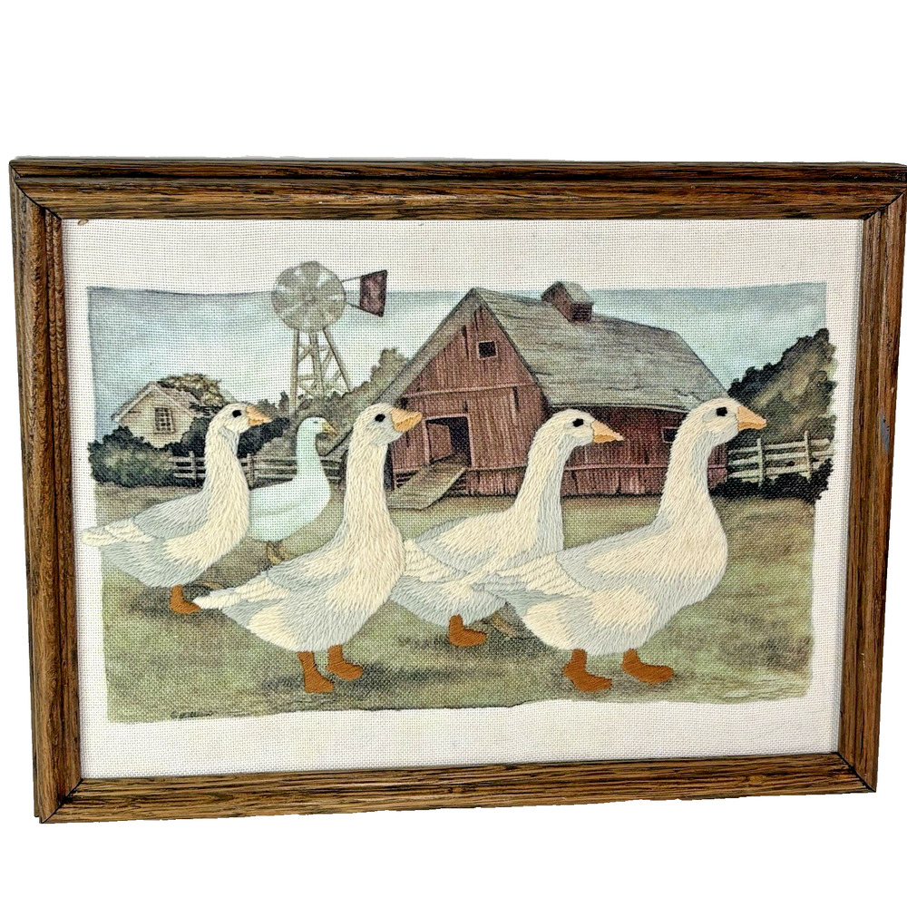 Vtg Crewel Embroidery Geese 3D Framed Art Farm Cottagecore